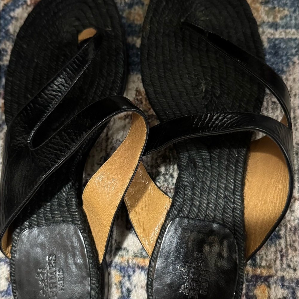Hermes Black Leather Sandals